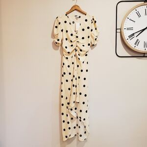 A New Day Crepe Short Sleeve Cream and Black Polka Dot Midi Dress